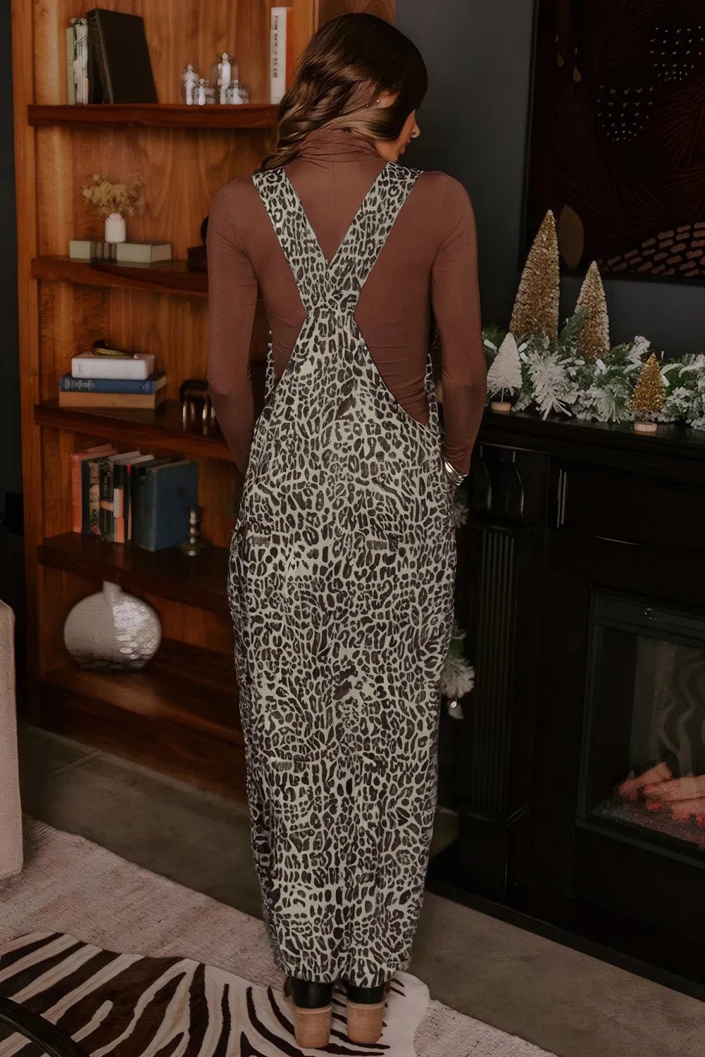 Brown Leopard Print Straight Leg Loose Denim Overall Jumpsuit - Country Nurse
