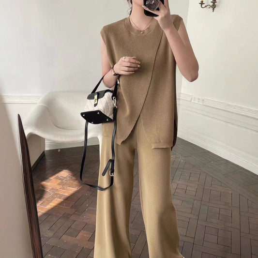 Sleeveless Crew - Neck Slim - Fit Striped Knit Top And Wide - Leg Pants Set - Country Nurse