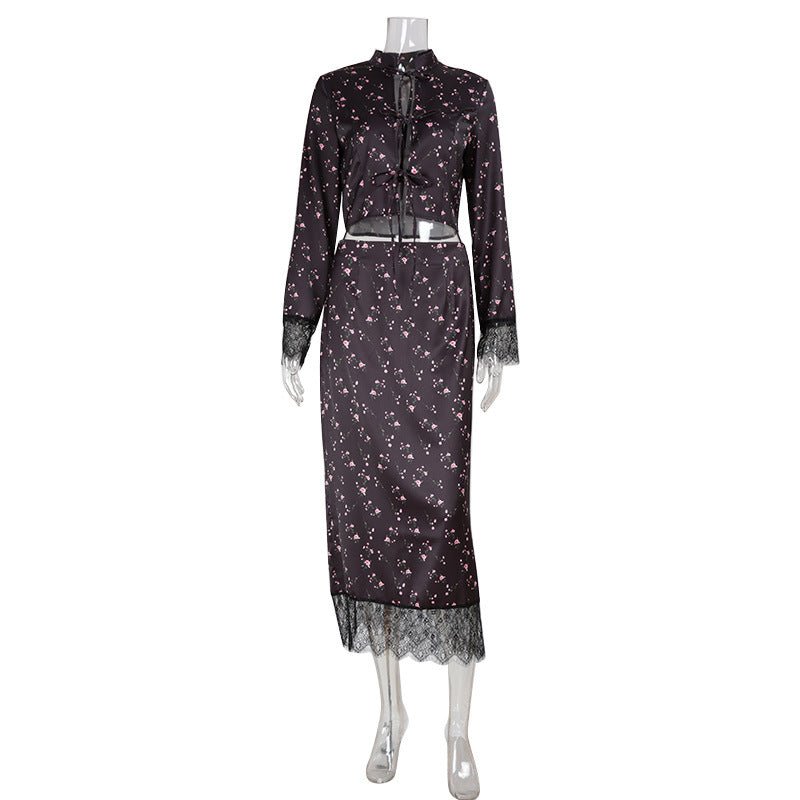 Women's Fashionable Printed Long - Sleeve Lace - Patchwork Skirt Set - Country Nurse