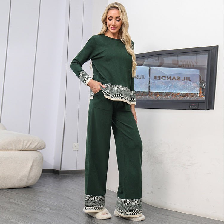 Women's Versatile Crew - neck Jacquard Top And Wide - leg Trousers Set - Country Nurse