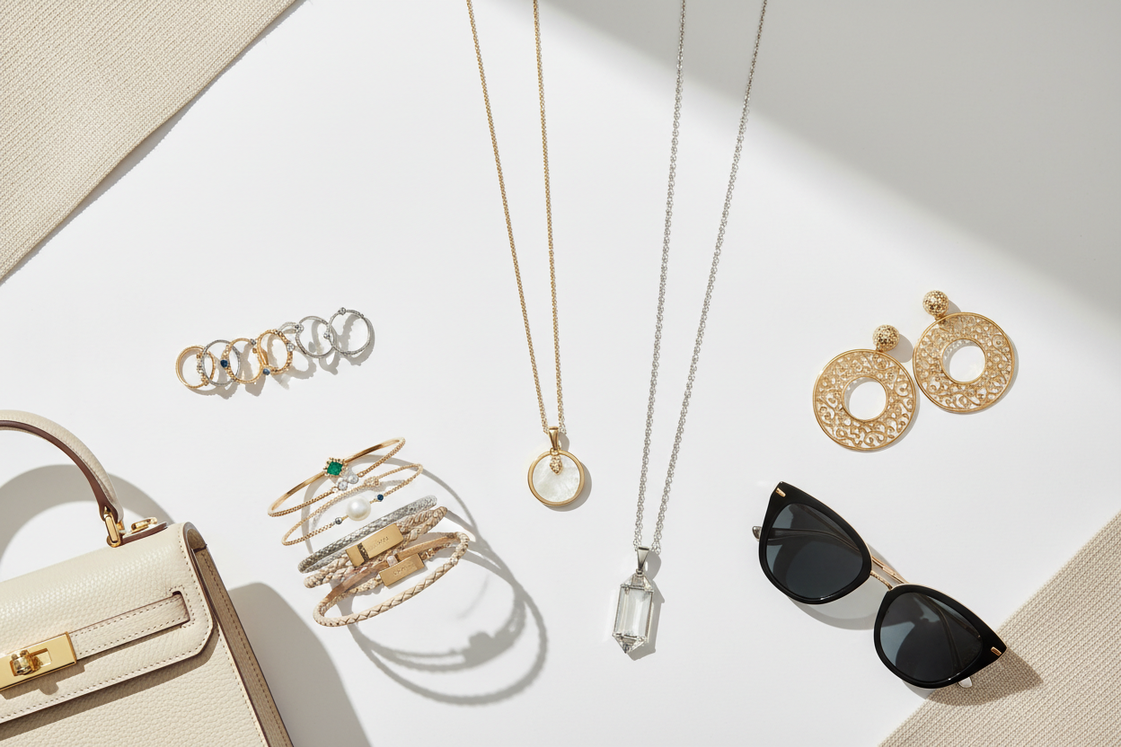 A high-quality ecommerce display featuring women’s accessories such as rings, bracelets, necklaces, earrings, handbags, and sunglasses arranged neatly on a crisp white or soft beige background. Use soft natural lighting to highlight texture, sparkle, and design details. The layout should feel elegant, premium, and minimal, focusing on quality and variety. Suitable for a homepage or product showcase section, with space for a title and optional CTA overlay.