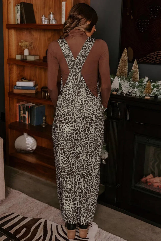 Brown Leopard Print Straight Leg Loose Denim Overall Jumpsuit - Country Nurse