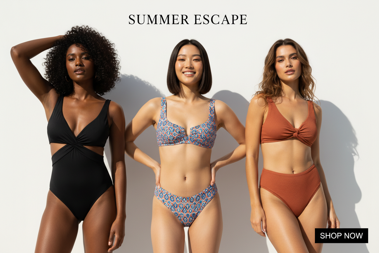 Create a high-quality ecommerce banner featuring women modeling swimwear products. Include a mix of stylish one-piece swimsuits, bikinis, and high-waist sets. Models should be confident and elegant, showcasing body positivity and modern style. Pose them naturally on a minimal, clean background (soft neutral or crisp white) to keep the focus on the swimwear. Use bright, natural lighting that highlights colors, textures, and details of the fabrics.