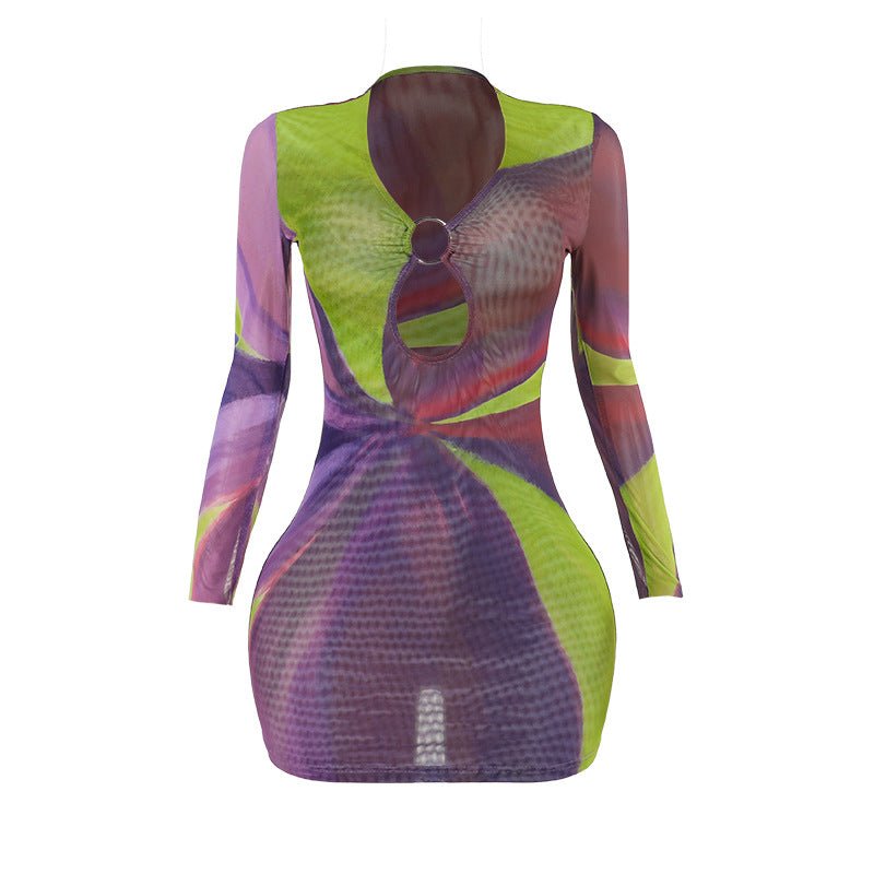 Elegant Printing Color Contrast Hollow Ring Long Sleeve Dress Women - Country Nurse