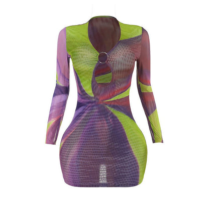 Elegant Printing Color Contrast Hollow Ring Long Sleeve Dress Women - Country Nurse