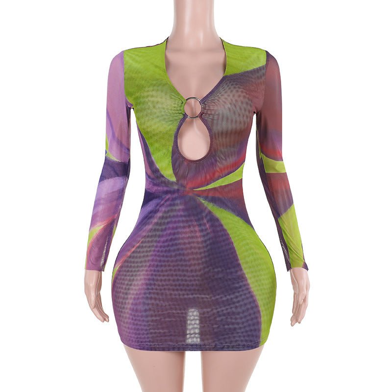 Elegant Printing Color Contrast Hollow Ring Long Sleeve Dress Women - Country Nurse