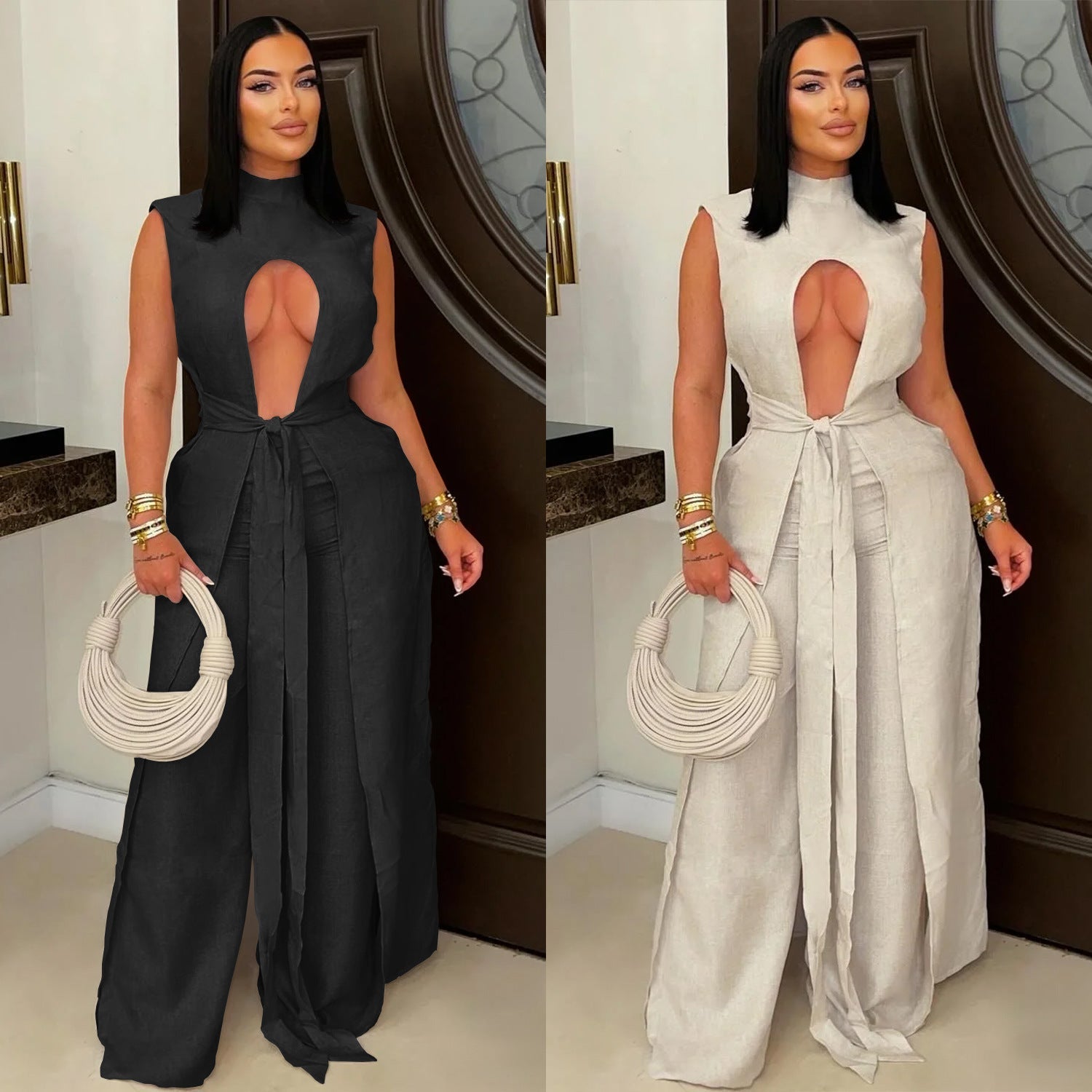 Fashion Women's Wear Sexy Solid Color Lace - up Sleeveless Trousers Suit - Country Nurse
