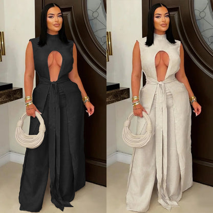 Fashion Women's Wear Sexy Solid Color Lace - up Sleeveless Trousers Suit - Country Nurse