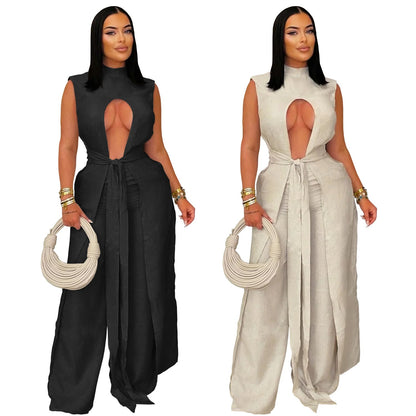 Fashion Women's Wear Sexy Solid Color Lace - up Sleeveless Trousers Suit - Country Nurse