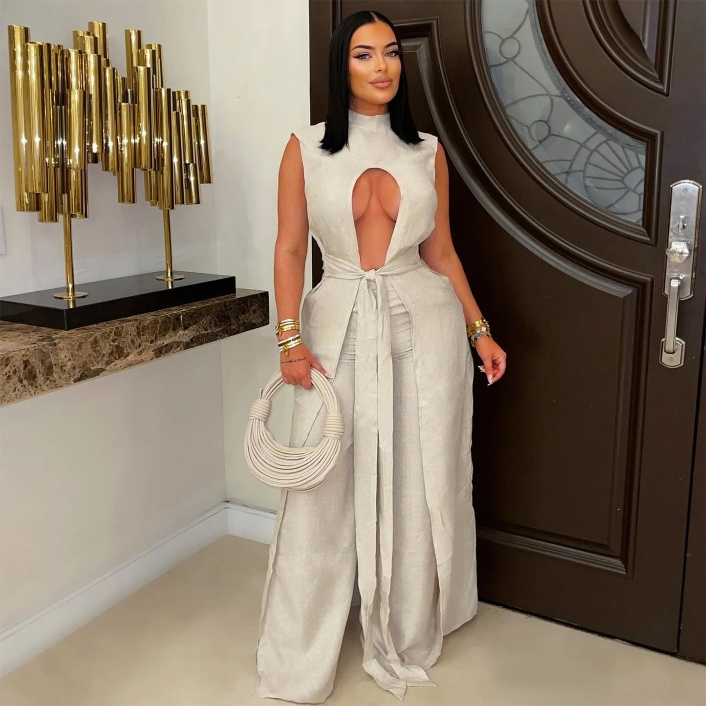Fashion Women's Wear Sexy Solid Color Lace - up Sleeveless Trousers Suit - Country Nurse