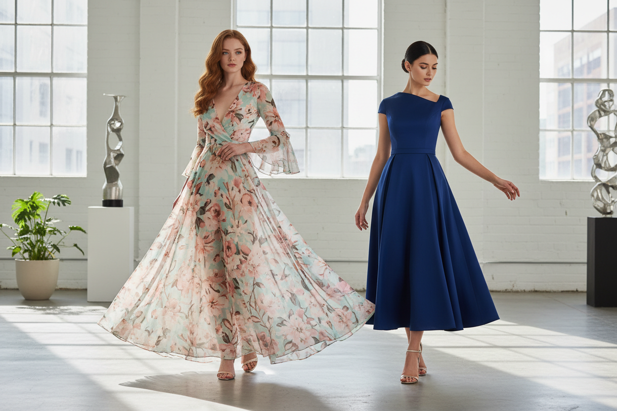 Give a fashion wear on 2 girl who is wearing a pretty gown 