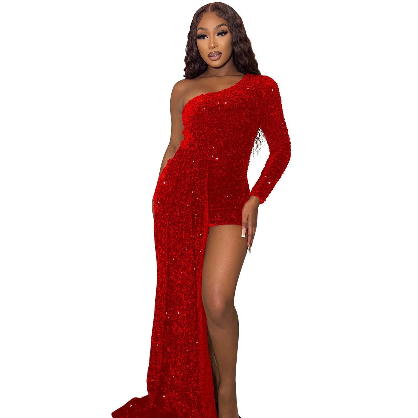 One - shoulder Long Sleeve Sequin Large Swing Dress For Women - Country Nurse