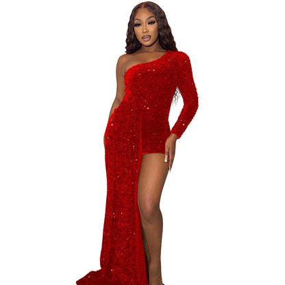 One - shoulder Long Sleeve Sequin Large Swing Dress For Women - Country Nurse