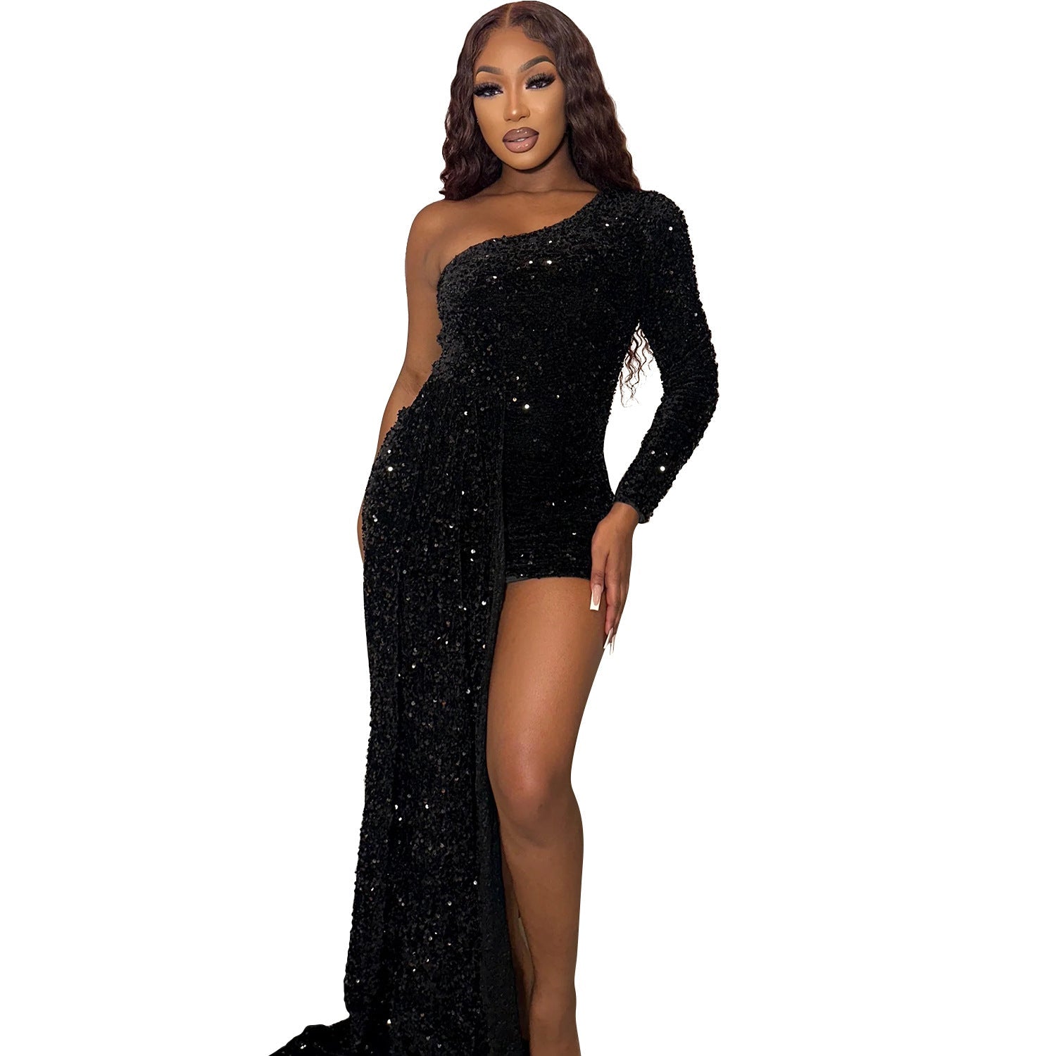 One - shoulder Long Sleeve Sequin Large Swing Dress For Women - Country Nurse