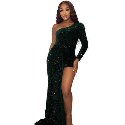 One - shoulder Long Sleeve Sequin Large Swing Dress For Women - Country Nurse