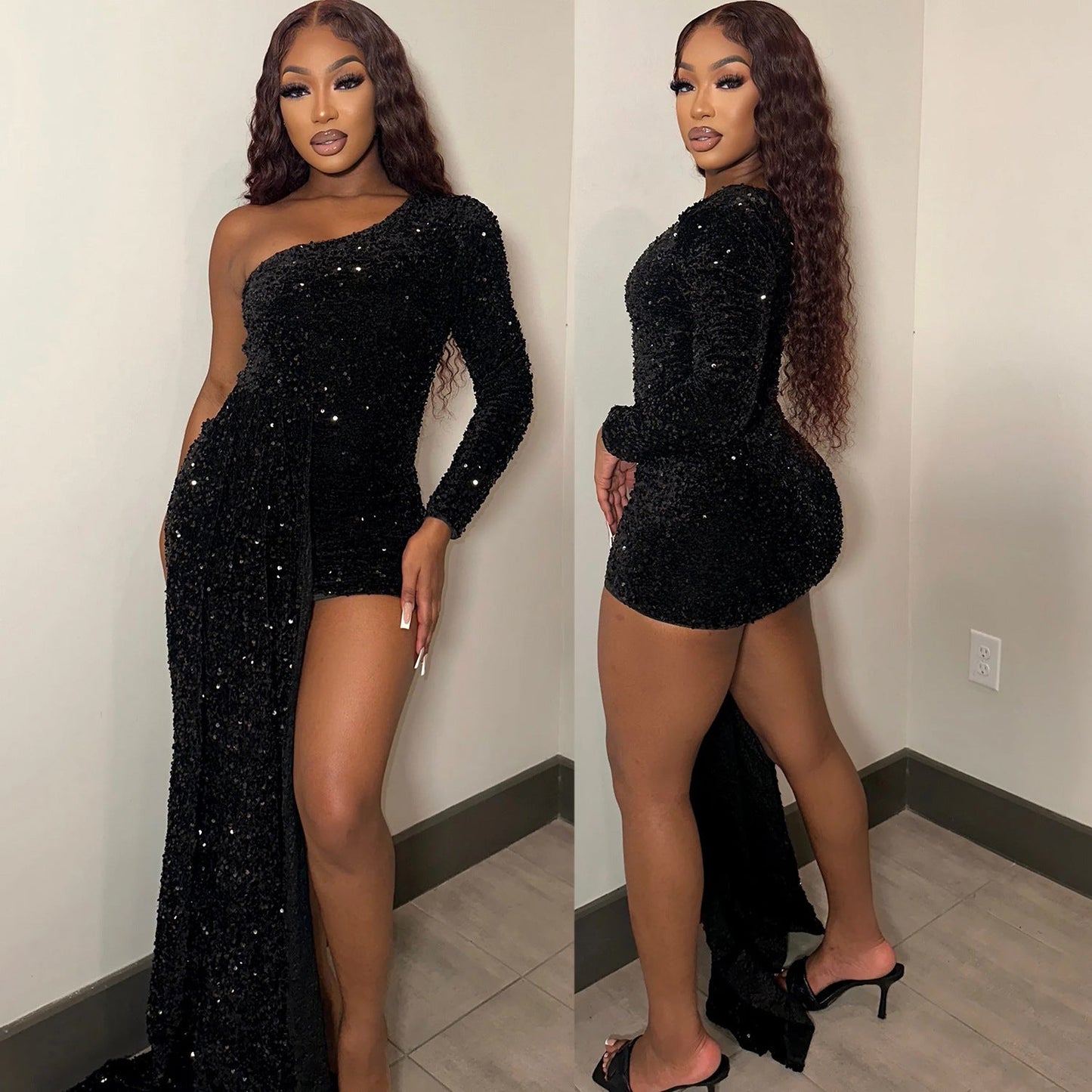 One - shoulder Long Sleeve Sequin Large Swing Dress For Women - Country Nurse