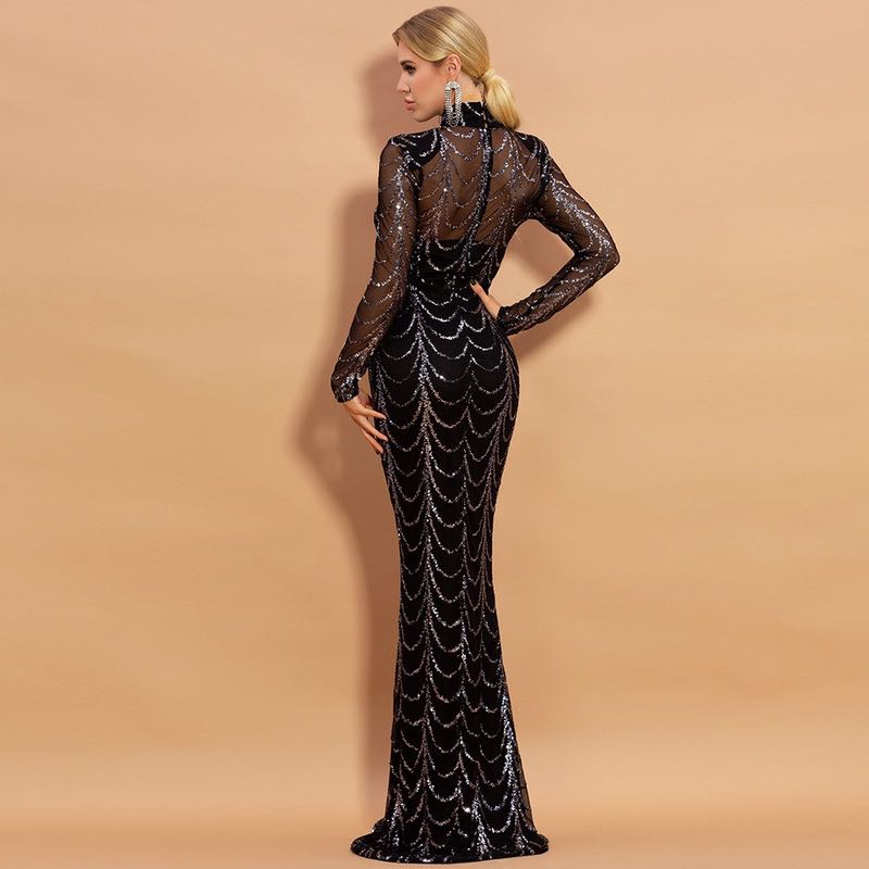 Sequins Women Maxi Dresses Long Sleeve Female Party Dresses - Country Nurse