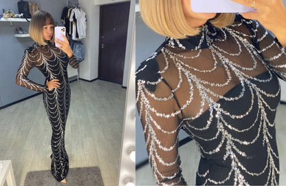 Sequins Women Maxi Dresses Long Sleeve Female Party Dresses - Country Nurse