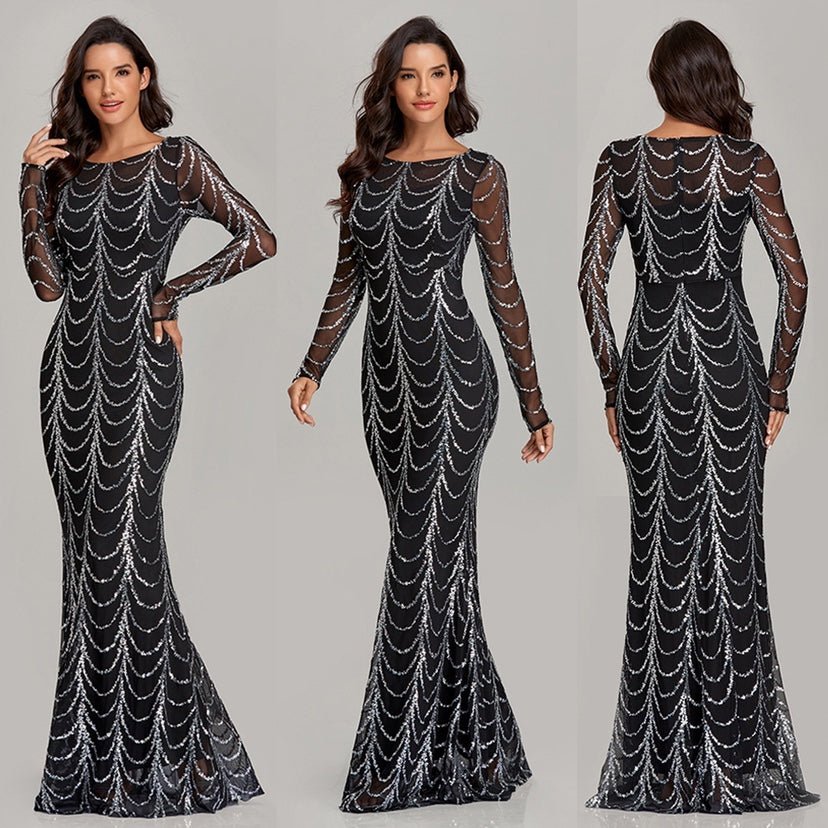 Sequins Women Maxi Dresses Long Sleeve Female Party Dresses - Country Nurse