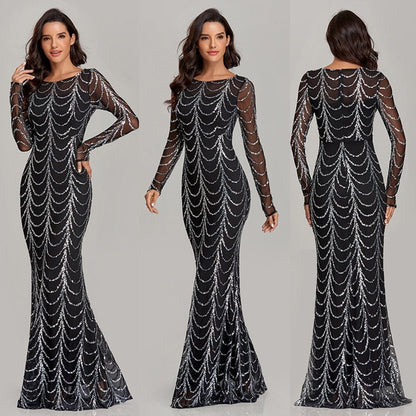 Sequins Women Maxi Dresses Long Sleeve Female Party Dresses - Country Nurse