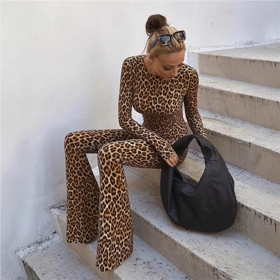 Sexy Waist Trimming Backless Print Leopard - print Slim - fit Jumpsuit - Country Nurse