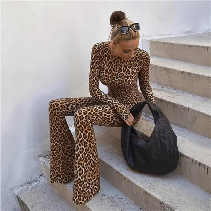 Sexy Waist Trimming Backless Print Leopard - print Slim - fit Jumpsuit - Country Nurse