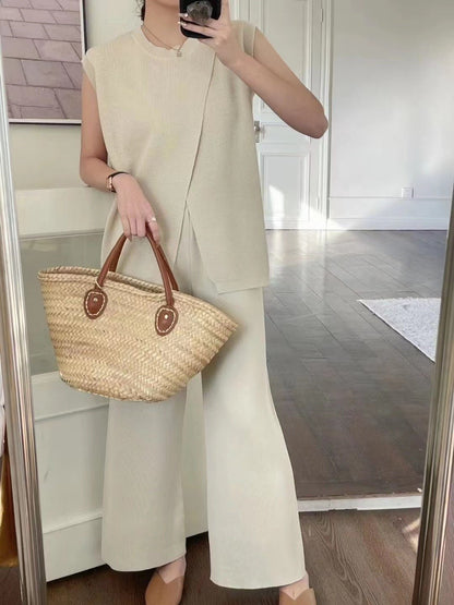 Sleeveless Crew - Neck Slim - Fit Striped Knit Top And Wide - Leg Pants Set - Country Nurse