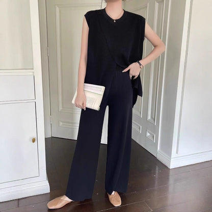 Sleeveless Crew - Neck Slim - Fit Striped Knit Top And Wide - Leg Pants Set - Country Nurse