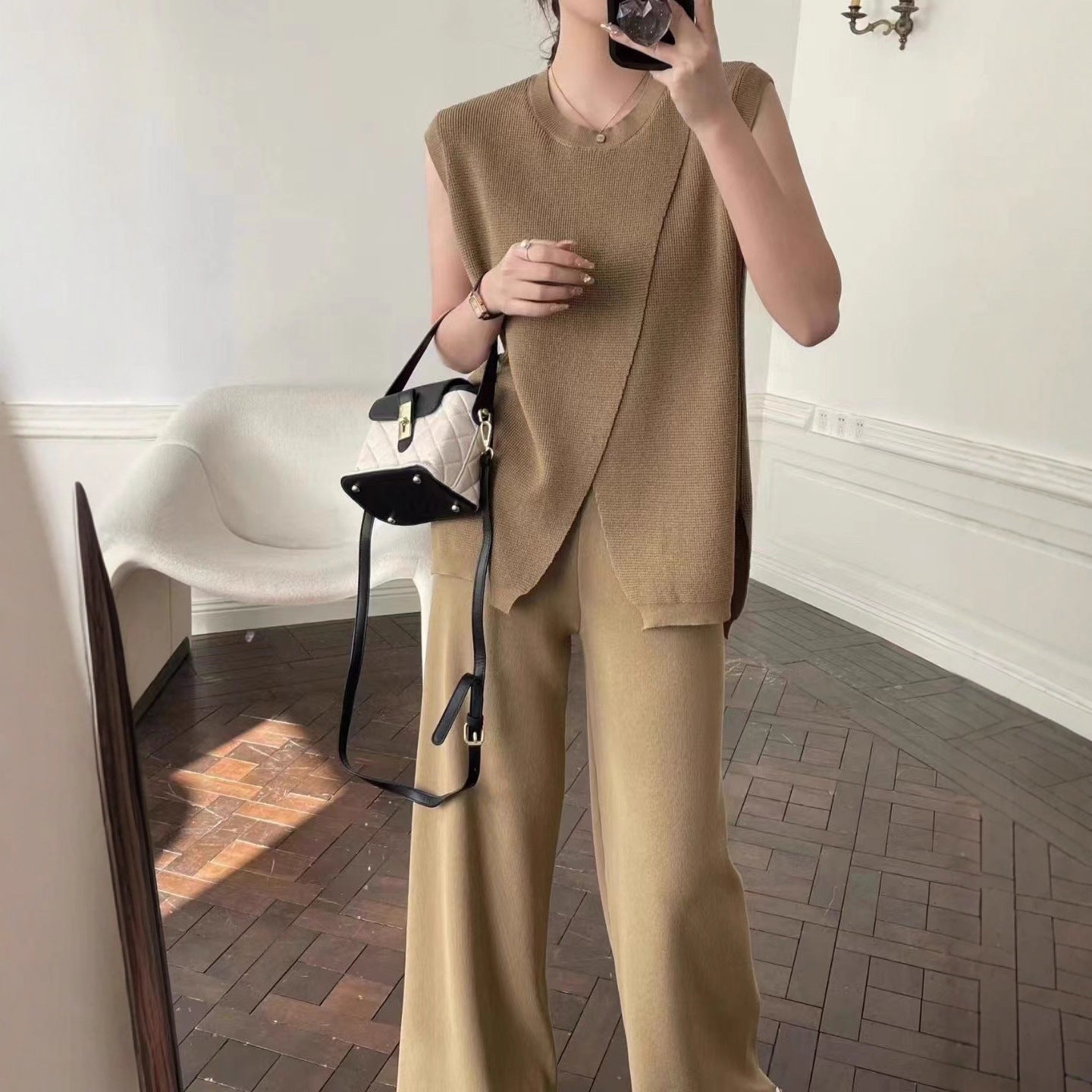 Sleeveless Crew - Neck Slim - Fit Striped Knit Top And Wide - Leg Pants Set - Country Nurse