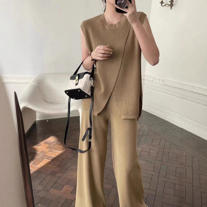 Sleeveless Crew - Neck Slim - Fit Striped Knit Top And Wide - Leg Pants Set - Country Nurse