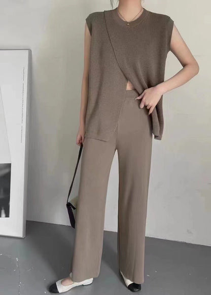 Sleeveless Crew - Neck Slim - Fit Striped Knit Top And Wide - Leg Pants Set - Country Nurse