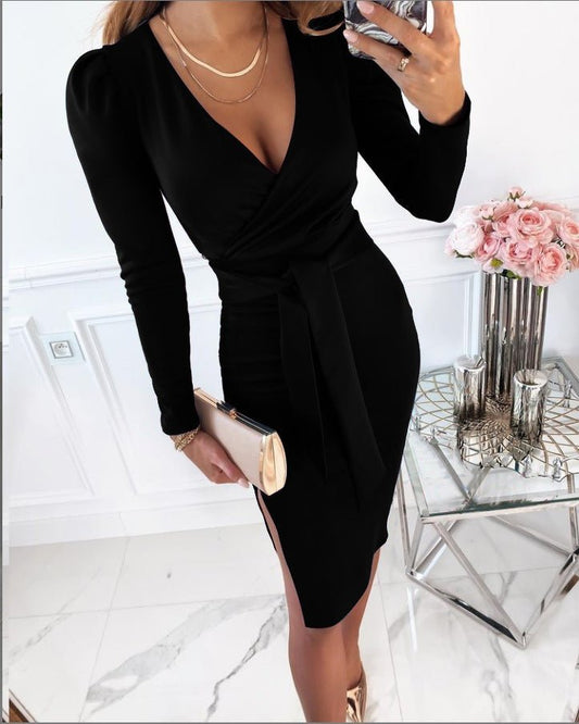 V - neck Sexy Temperament Commuter Strap Solid Color Dress Women - Country Nurse