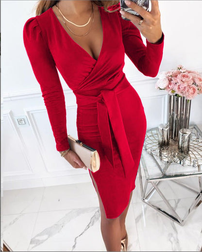 V - neck Sexy Temperament Commuter Strap Solid Color Dress Women - Country Nurse