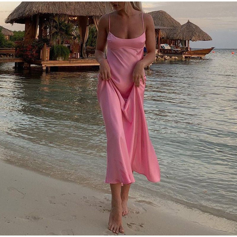 Women Camis Satin Long Dresses Elegant Sleeveless Slip Holiday Party Dresses Sexy Casual Backless Summer Dresses - Country Nurse