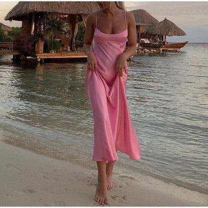 Women Camis Satin Long Dresses Elegant Sleeveless Slip Holiday Party Dresses Sexy Casual Backless Summer Dresses - Country Nurse