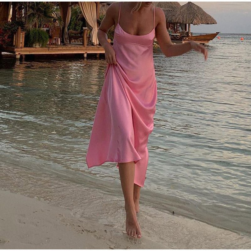 Women Camis Satin Long Dresses Elegant Sleeveless Slip Holiday Party Dresses Sexy Casual Backless Summer Dresses - Country Nurse