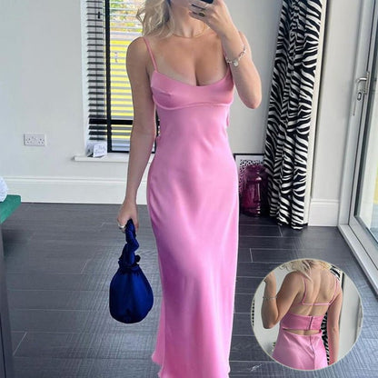 Women Camis Satin Long Dresses Elegant Sleeveless Slip Holiday Party Dresses Sexy Casual Backless Summer Dresses - Country Nurse