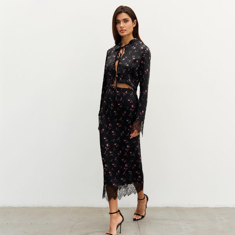 Women's Fashionable Printed Long - Sleeve Lace - Patchwork Skirt Set - Country Nurse