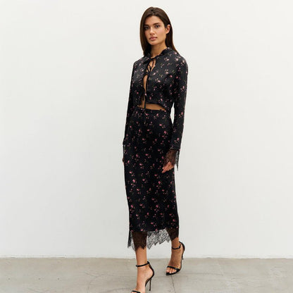 Women's Fashionable Printed Long - Sleeve Lace - Patchwork Skirt Set - Country Nurse