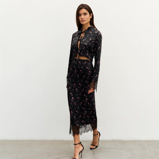 Women's Fashionable Printed Long - Sleeve Lace - Patchwork Skirt Set - Country Nurse