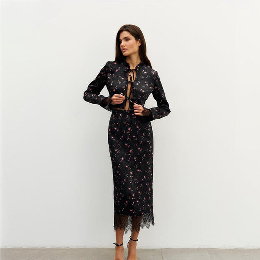 Women's Fashionable Printed Long - Sleeve Lace - Patchwork Skirt Set - Country Nurse
