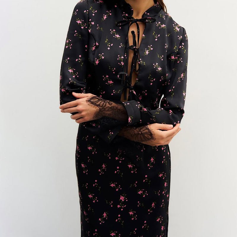 Women's Fashionable Printed Long - Sleeve Lace - Patchwork Skirt Set - Country Nurse