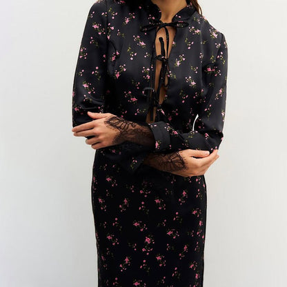Women's Fashionable Printed Long - Sleeve Lace - Patchwork Skirt Set - Country Nurse
