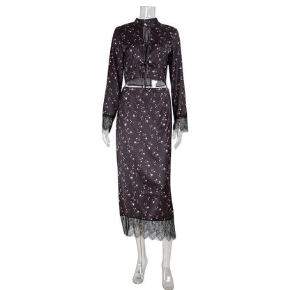 Women's Fashionable Printed Long - Sleeve Lace - Patchwork Skirt Set - Country Nurse