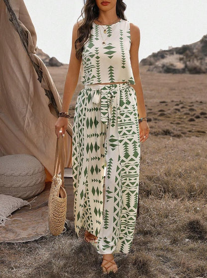 Women's Sleeveless Printed Pants Fashionable Two - Piece Set - Country Nurse