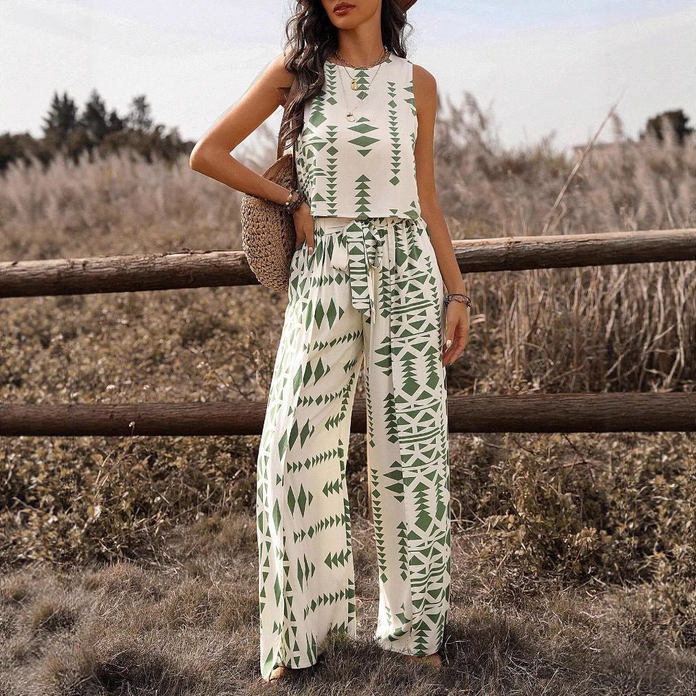 Women's Sleeveless Printed Pants Fashionable Two - Piece Set - Country Nurse