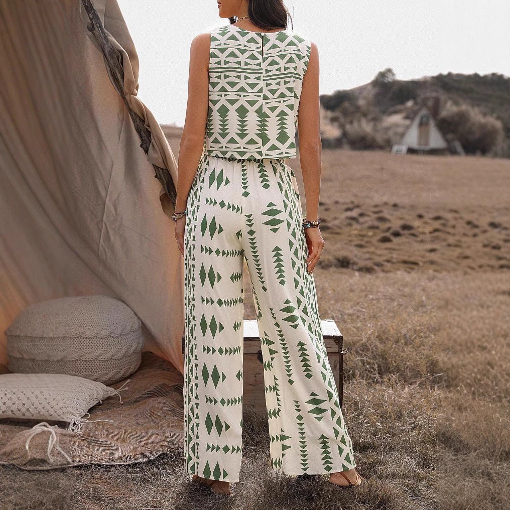 Women's Sleeveless Printed Pants Fashionable Two - Piece Set - Country Nurse