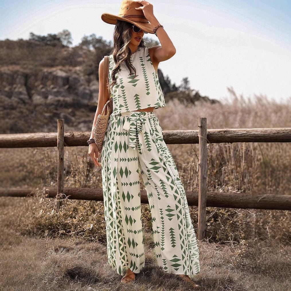 Women's Sleeveless Printed Pants Fashionable Two - Piece Set - Country Nurse