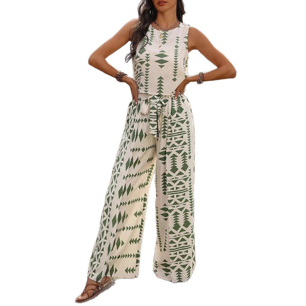 Women's Sleeveless Printed Pants Fashionable Two - Piece Set - Country Nurse