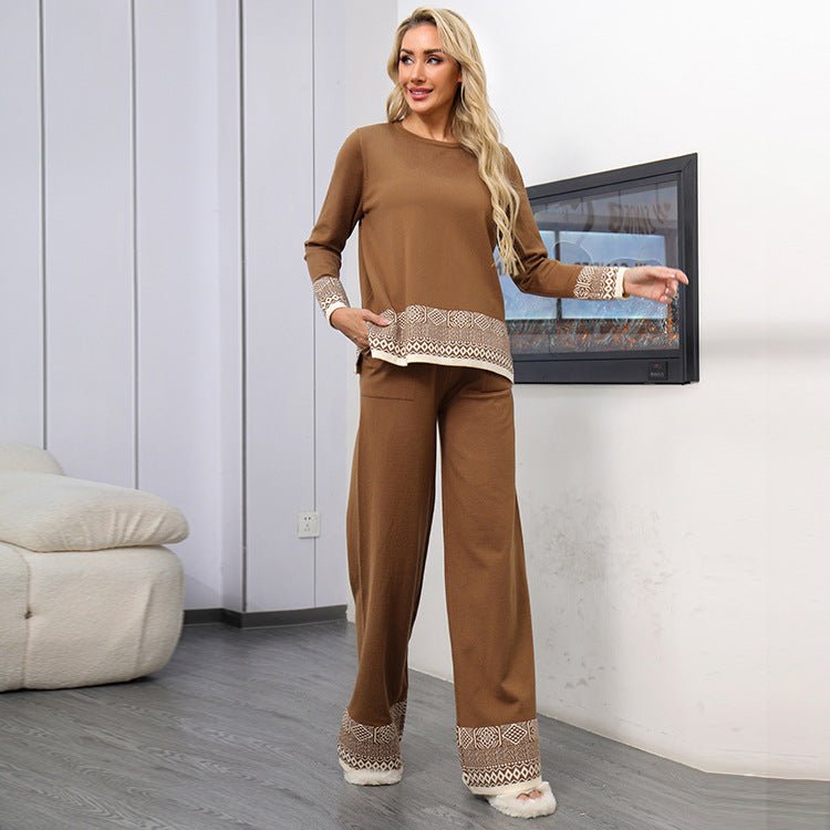 Women's Versatile Crew - neck Jacquard Top And Wide - leg Trousers Set - Country Nurse